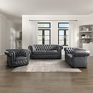 Lexicon 194840167013 Raye Gray Faux Leather 3-Piece Living Room Set
