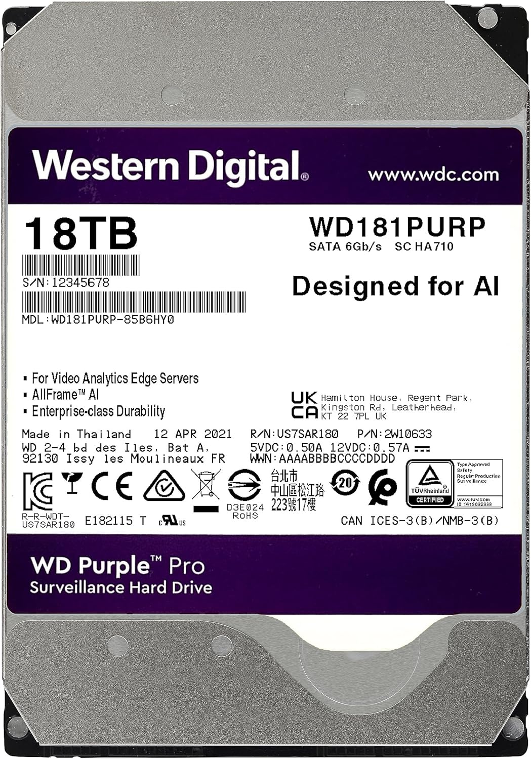 Western Digital WD181PURP 18TB Purple Pro Surveillance HDD