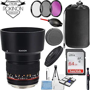 Rokinon AE85M-C 85mm f/1.4 Canon EF Lens Bundle