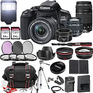 Canon 850D Rebel T8i DSLR: 18-55mm, 75-300mm, 50mm Lens Bundle