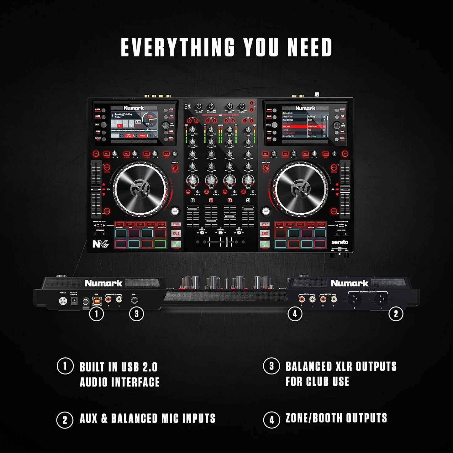 Numark NVII Serato DJ Controller: 4-Deck, Dual Displays, Performance Pads