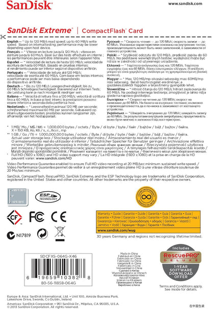 SanDisk SDCFXS-064G-X46 Extreme 64GB Compact Flash Memory Card