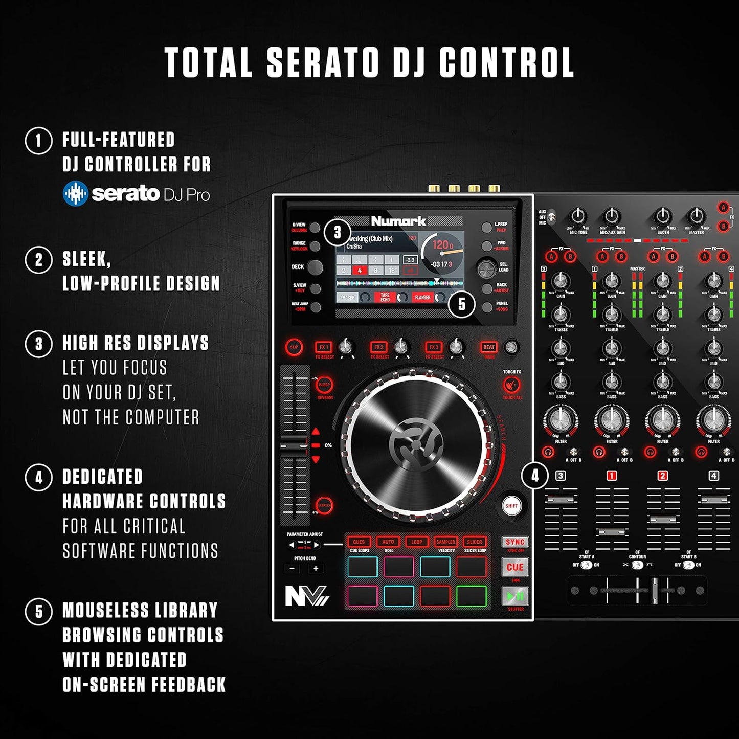 Numark NVII Serato DJ Controller: 4-Deck, Dual Displays, Performance Pads