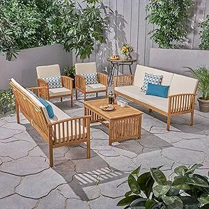 Misc Outdoor 5-Piece Acacia Wood Conversation Set - Gray & Cream — main product image