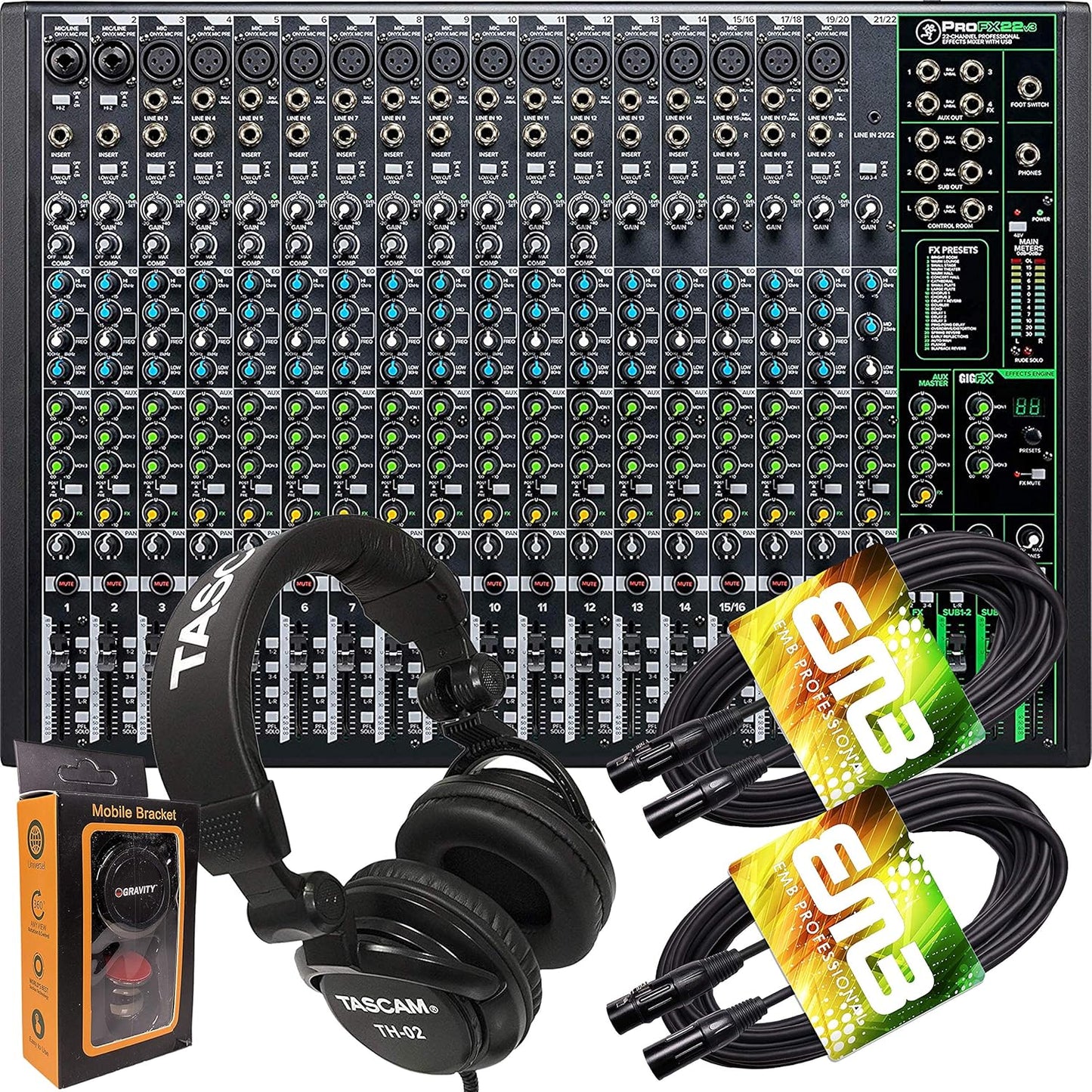 Gravity PROFX22V3+TH02+XLR(2)+M Mackie ProFX22v3 Mixer Bundle