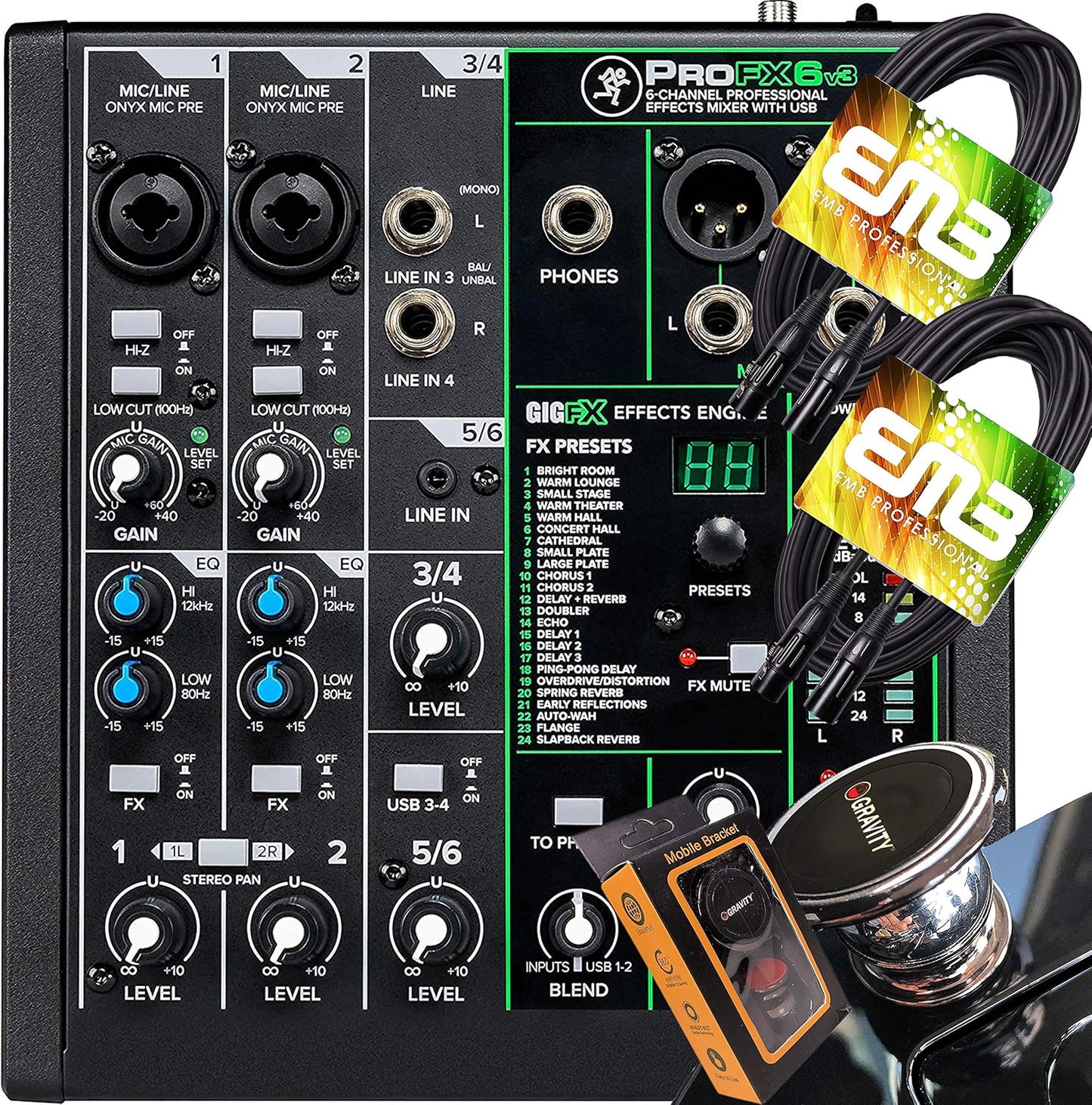 Gravity PROFX6V3+XLR Mackie 6-Channel Mixer XLR Cables Bundle