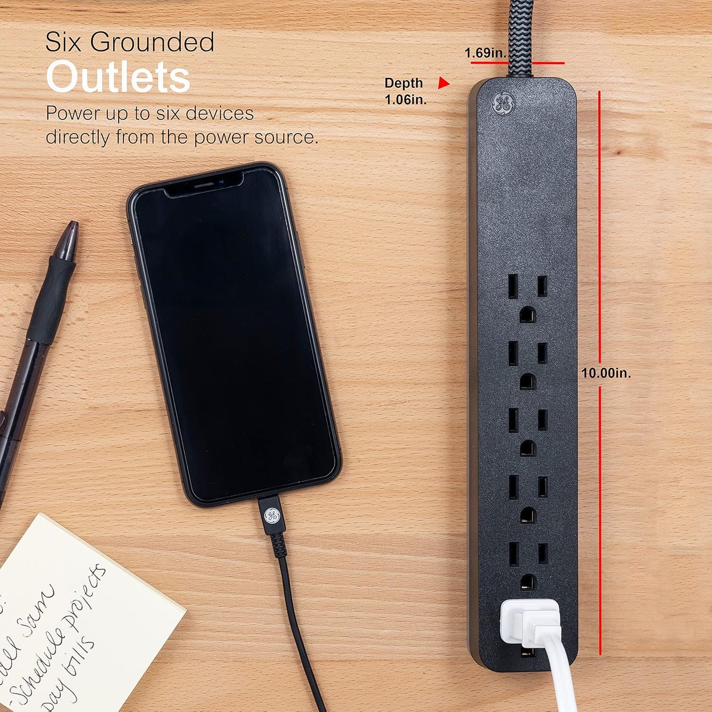 GE 62943 6-Outlet Surge Protector 20ft Braided Cord