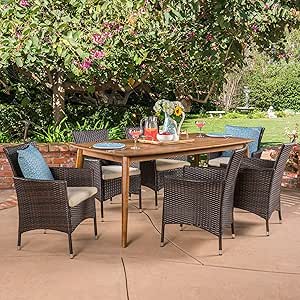 Misc Outdoor 7-Piece Wicker Dining Set with Acacia Table