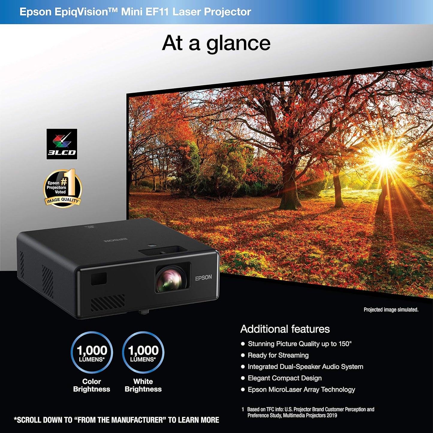 Epson V11HA23020-N EpiqVision Mini EF11 Projector (Renewed)